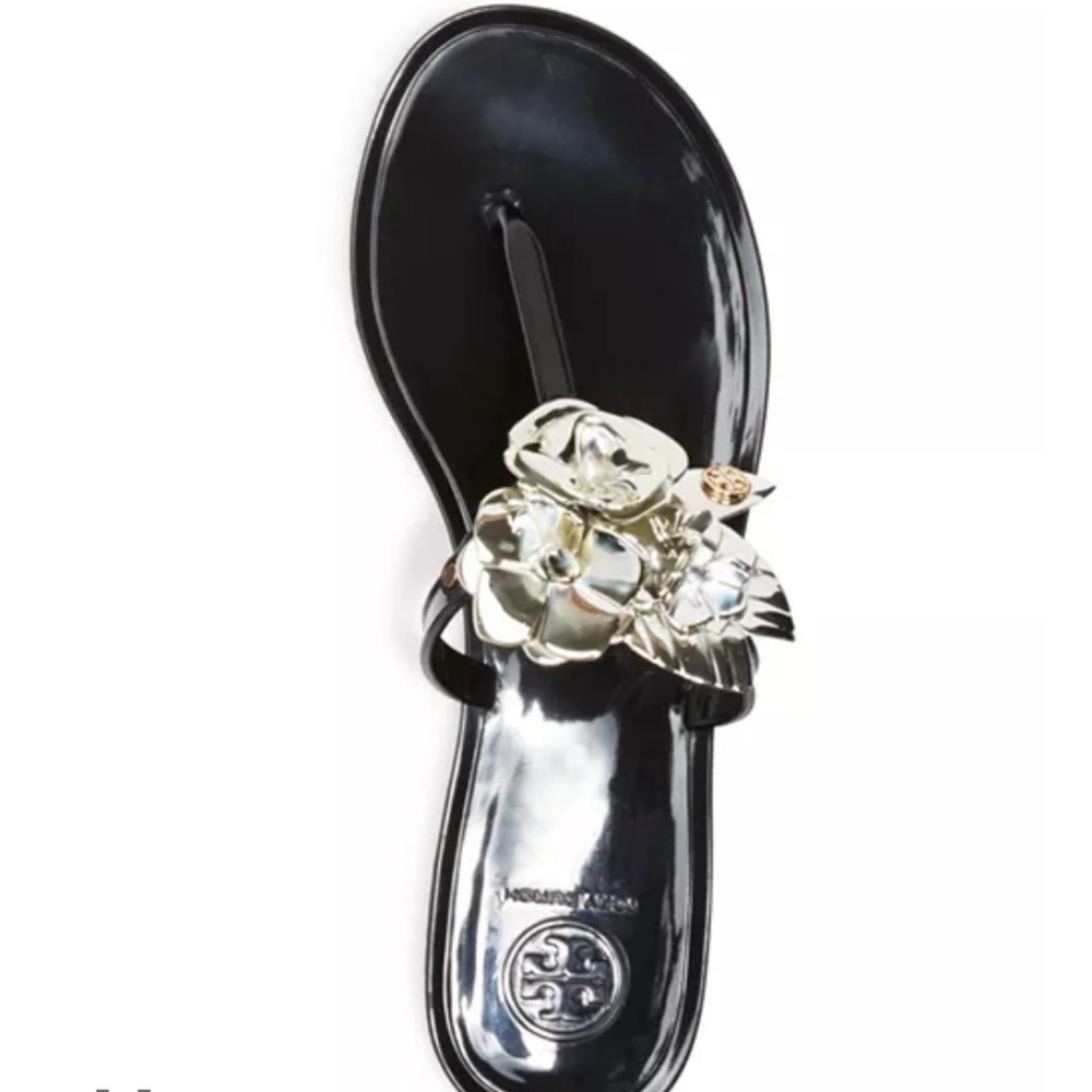 Tory Burch blossom Black jelly Sandals with Silver Floral Accents